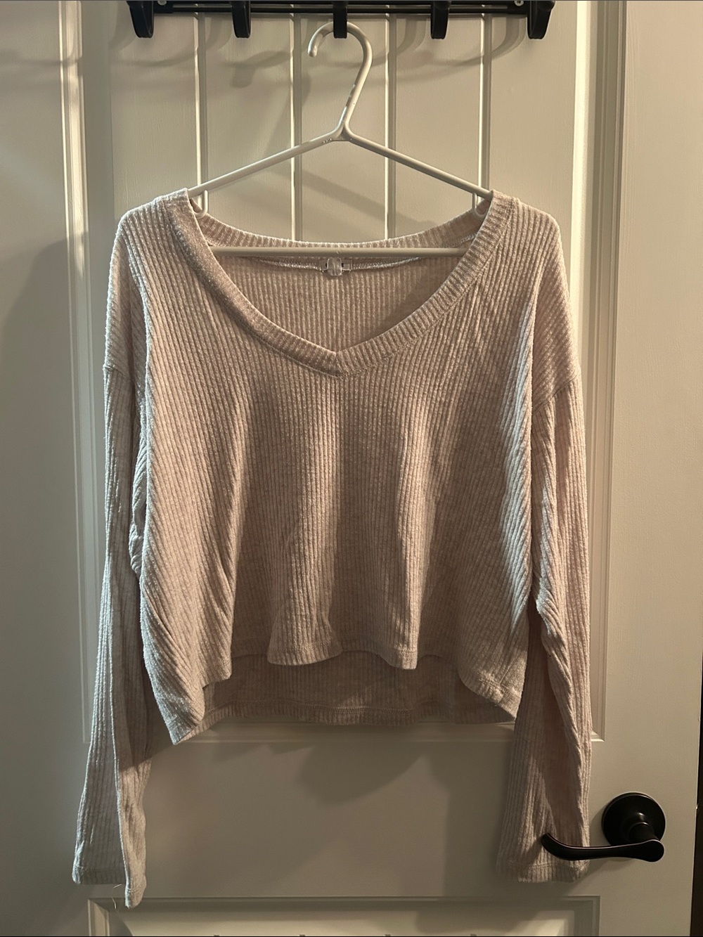 Garage Ribbed V-Neck Long Sleeve Top in Light Taupe